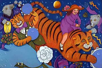 Tigers with tambourines jump on the ground, drumming up thunder and crashing around. Artwork from the book "When the Wind Bears Go Dancing, by Phoebe Stone
